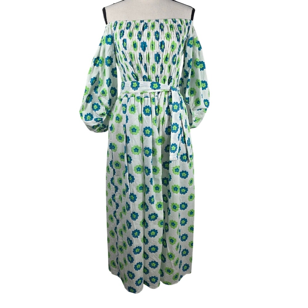 Beulah Style Maxi Dress Floral Off Shoulder Smocked Cotton OS Boho Summer Beach